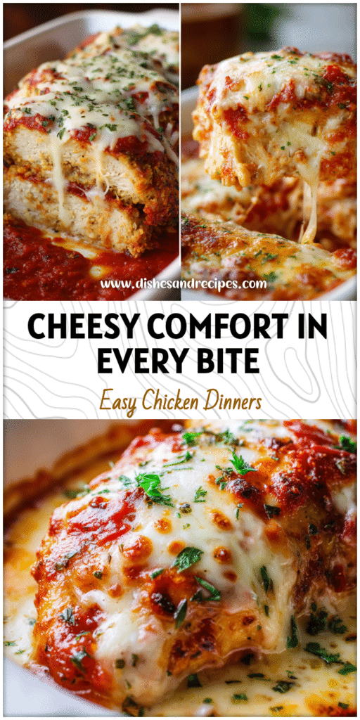 Golden Baked Chicken Parmesan Casserole topped with melted cheese and herbs in a white dish.